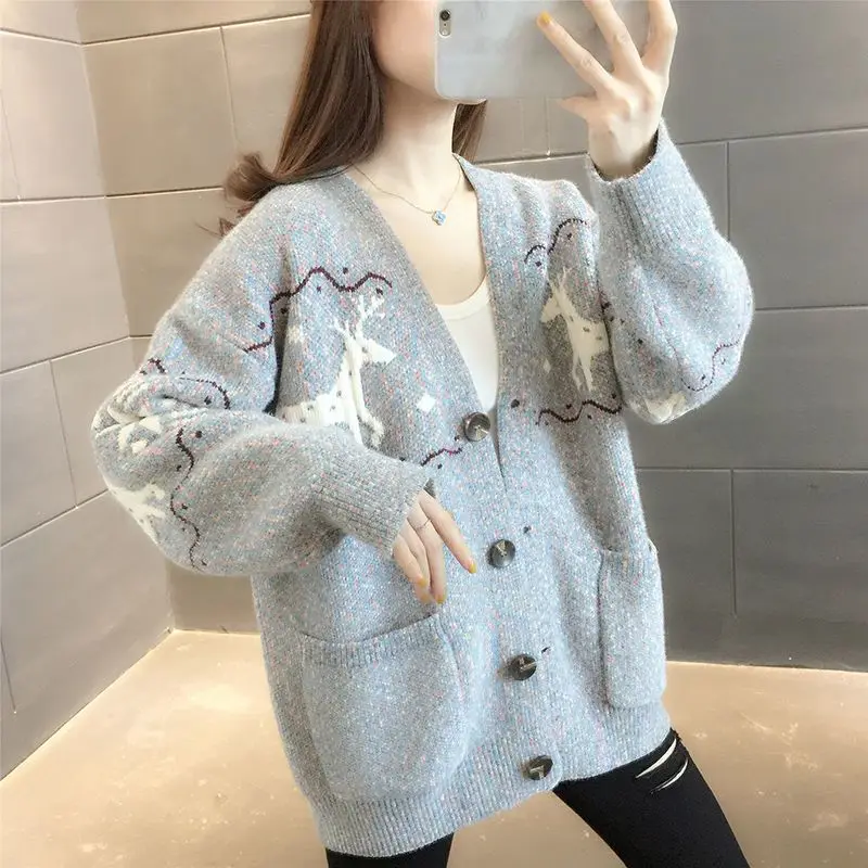 سترة سميكة على شكل حرف v لملابس خارجية ، معطف ضيق متماسكة ، طبعة كورية ، تركيب فضفاض ، موضة غير رسمية ، جديدة ، 2023 ، الخريف والشتاء #4