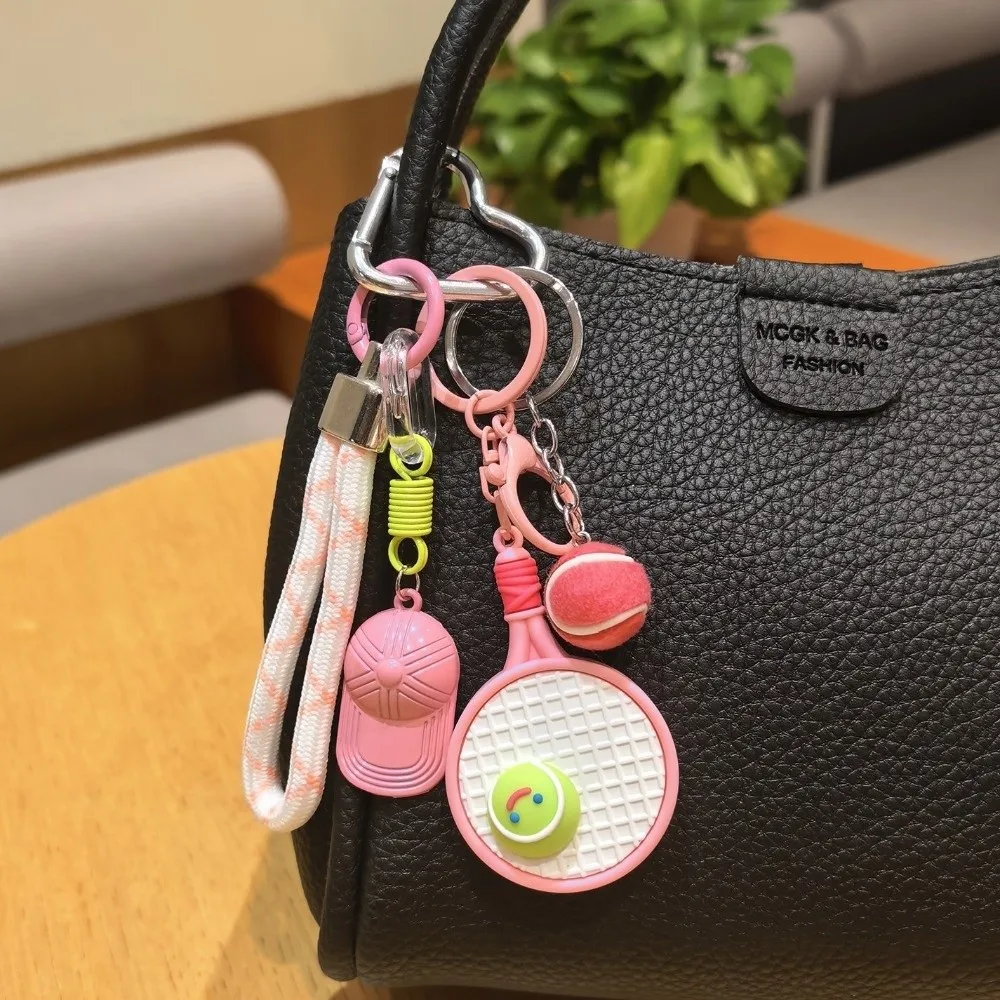 Creative Tennis Ball Tennis Racket Keychain PVC Baseball Cap Backpack Pendant Car Hanging Keyring Women Man