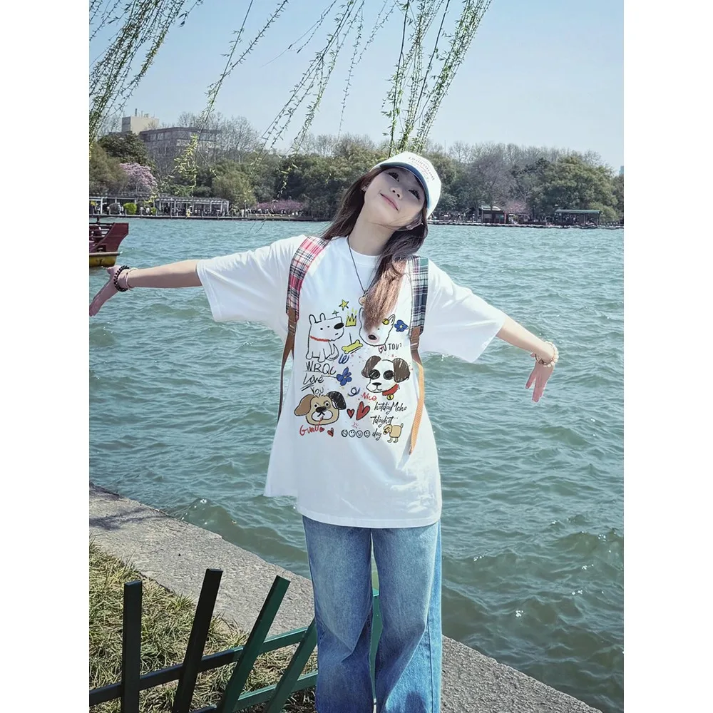 

2024 Korean Retro Graffiti Music Dog Short Sleeve T-shirt Women's Summer New Loose Casual Couple Pure Cotton Half Sleeve Tide