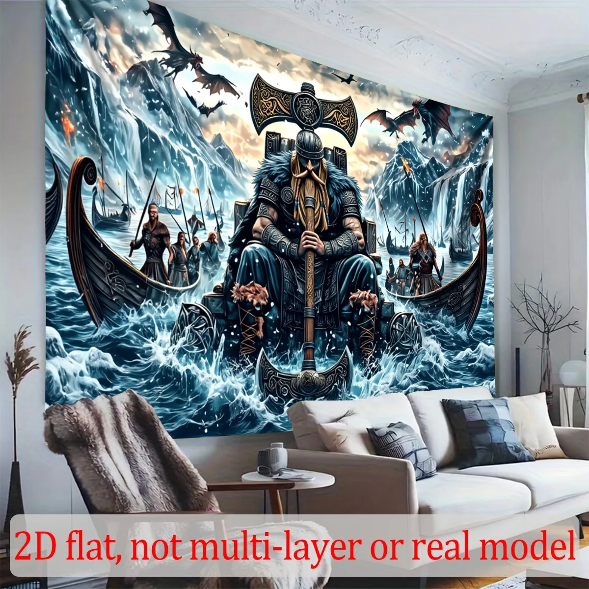 Viking Warrior King Throne Battle Axe Dragon Ships 2D Flat Tapestry Backdrop For Living Room Decor Norse Mythology Wall Hanging
