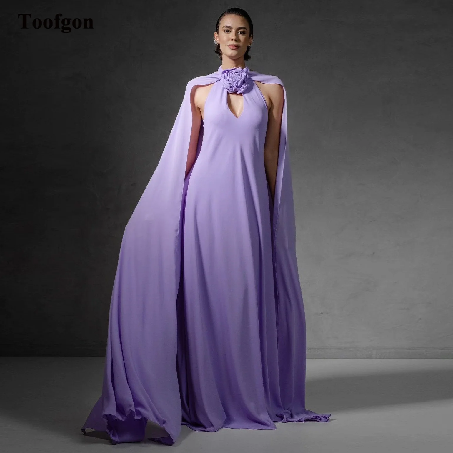 Toofgon A Line Chiffon Prom Dresses With Open Long Sleeves Backless Formal Evening Gowns Flowers Neck Party Dress Women Outfits