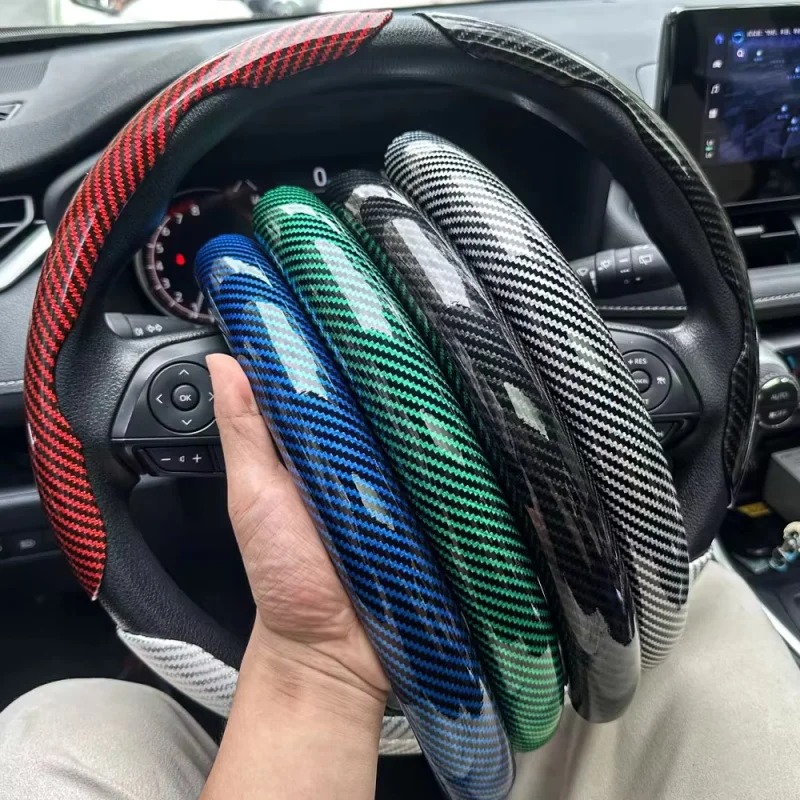

2/3PCS Laser Carbon Fiber Silicone Car Steering Wheel Cover 1K Micro Fiber Leather PVC Wheel Booster Cover Non-Slip Universal