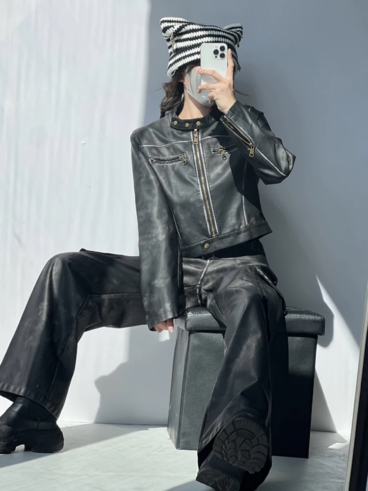 

Retro American Bla Leather Jaet ort Sle Women's Cool Streetwear Spring Autumn Hot Girl Top Faion Trend