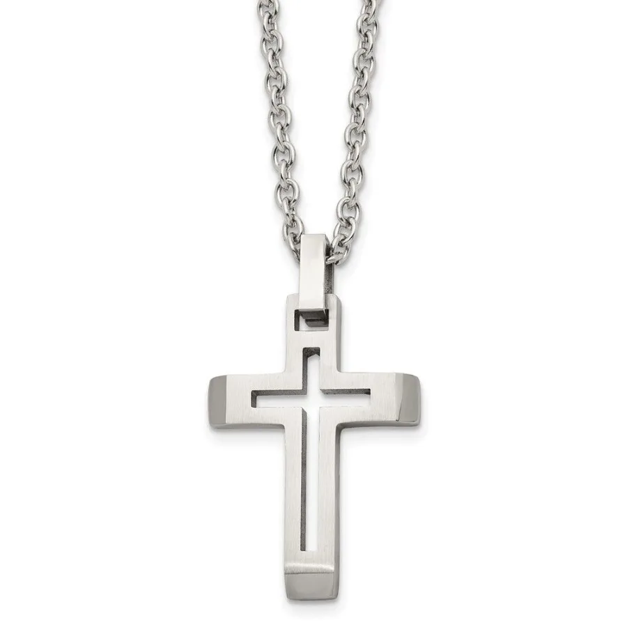 

Chisel Stainless Steel Brushed and Polished Cutout Cross Pendant on a 20 inch Cable Chain Necklace
