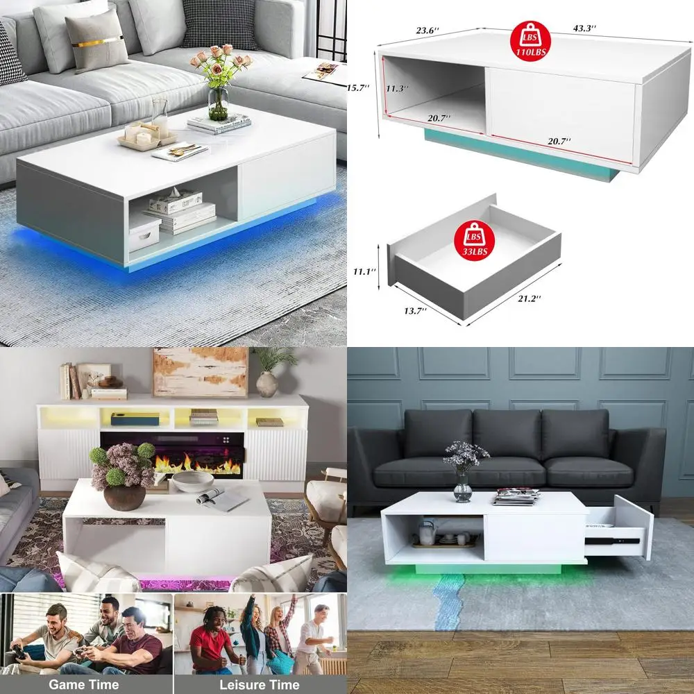 

Прямоугольный светодиодный журнальный столик с местом для хранения и 16-цветной подсветкой для гостиной (23,6x43,3x15,7)