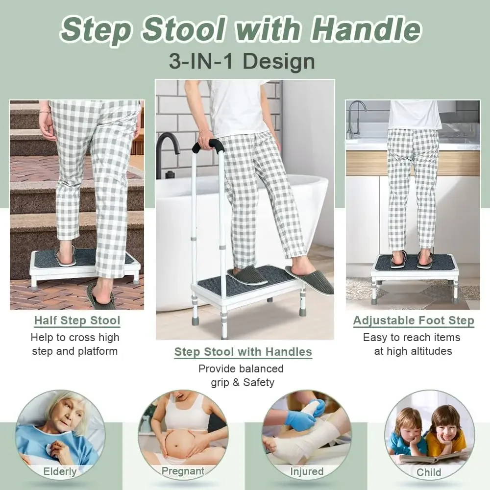 Step Stool with Handle Elderly Adults Bed Steps for High Beds Rails Adjustable Assist Bar Heavy Duty Stepping Stool