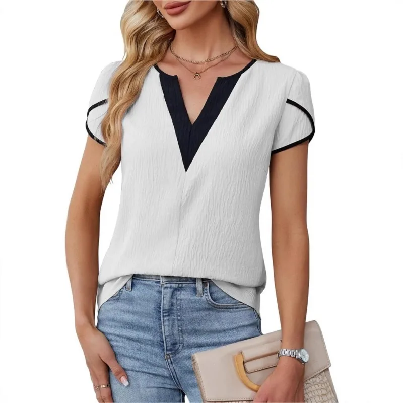 

Loose Casual V-Neck Short Sleeve Shirts Women's Blouse Summer Fashion Contrast Color Elegant Lady Office Shirt Petal Sleeve Tops
