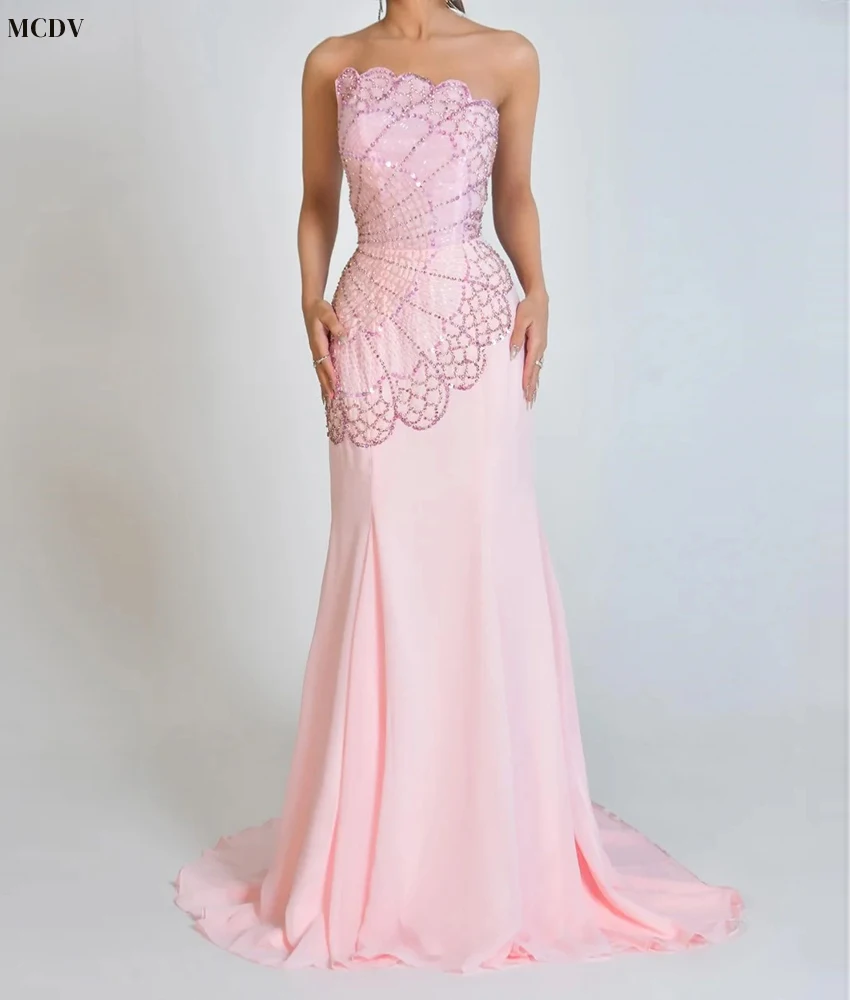 Vestido de noche personalizado de gasa exquisito, sirena, lentejuelas, cuentas, flores, delicado, sin tirantes, sin mangas, vestidos de celebridades