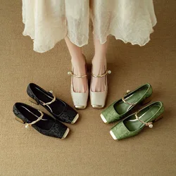 Summer Square Toe Ballet Shoes Fashion Low Heel Mary Jane Shoes Casaul Silver Shallow Buckle Soft Sole Shoes Zapatos De Mujer