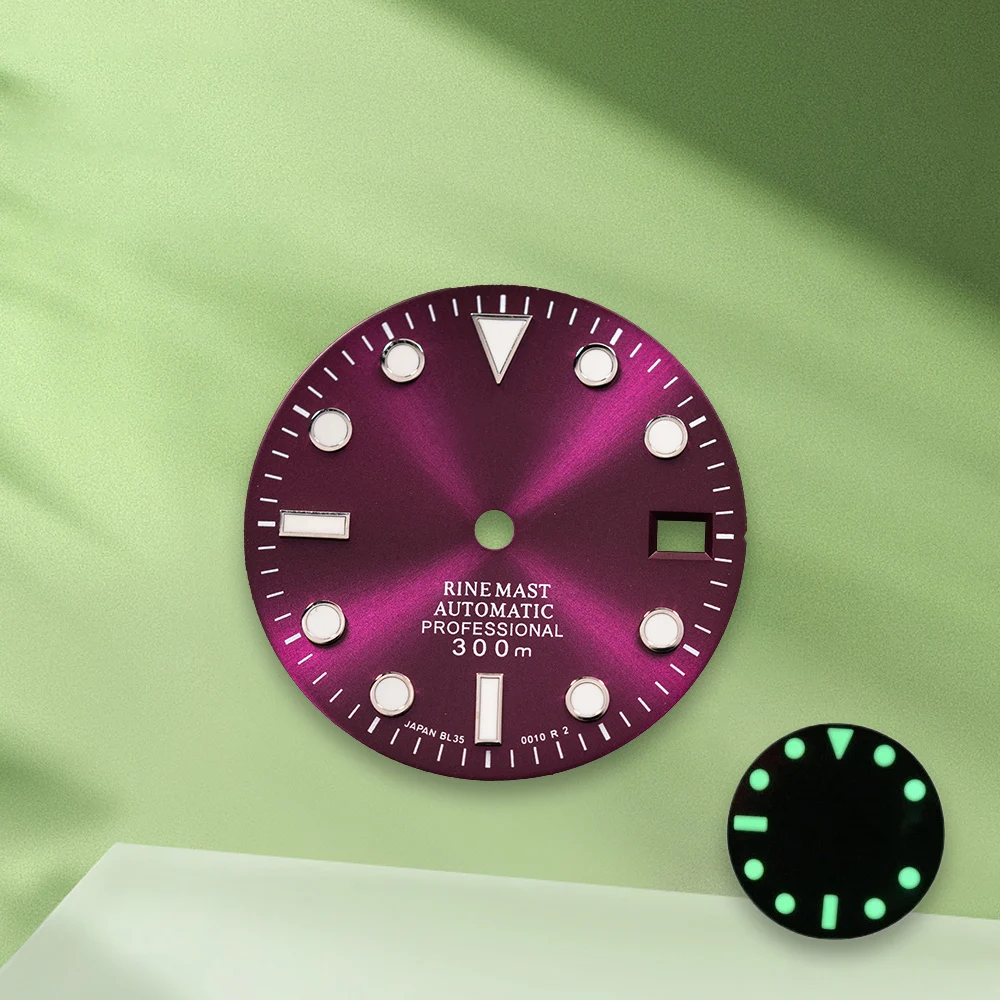 28,5 mm S Logo SUB quadrante viola senza lancette adatte al movimento NH35/NH36/4R/7S quadrante verde luminoso a raggi solari accessori per la modifica dell'orologio
