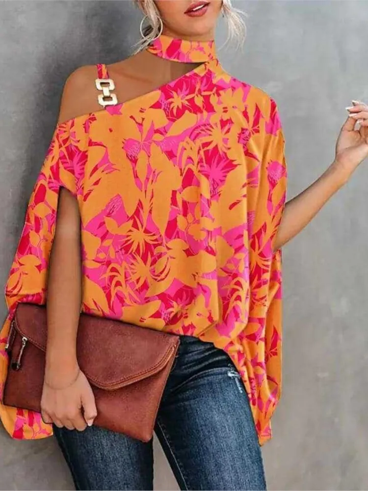 Vintage Pattern Printed Pullover Blouse 2023 Autumn Elegant Blouse Rich Colors Loose Baggy One Shoulder Women Lady Shirt