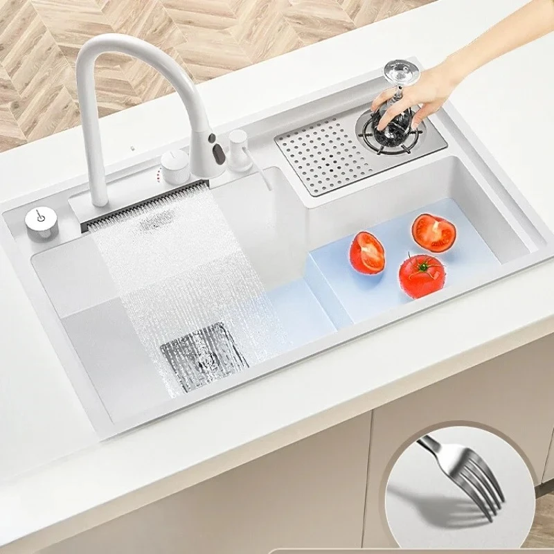 

Waterfall Sink Quartz Stone Cup Cleaner Kitchen Stepped Large Single Sink Granite Washing Basin Scullery