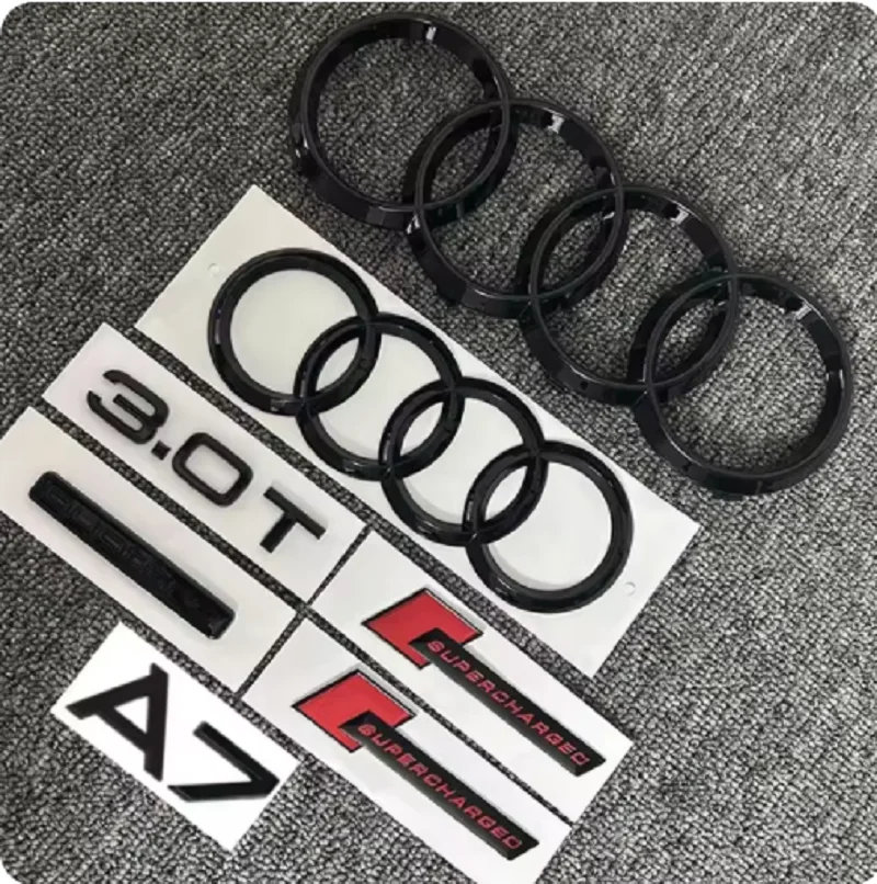 2PCS 4Ring logo ABS Black Car Hood Front Grill Rear Trunk Sticker 1P A7 1P Quarrto 1P 3.0T 2P supercharged For AUDI A7 2012-2018