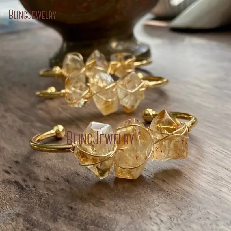 10pcs Citrine Quartz Women K Gold Color Bangle Couple Bracelet Wrapped Natural Stone Cuff Birthstone Crystal Bridal Jewelry Gift