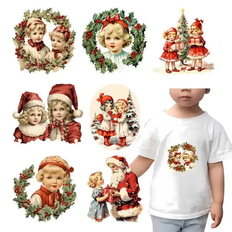 Cartoon Santa Claus Children Iron On Heat Transfer Sticker For Clothes DTF Pinted Vinyl Thermal Appliques Washable T-Shirt Decal
