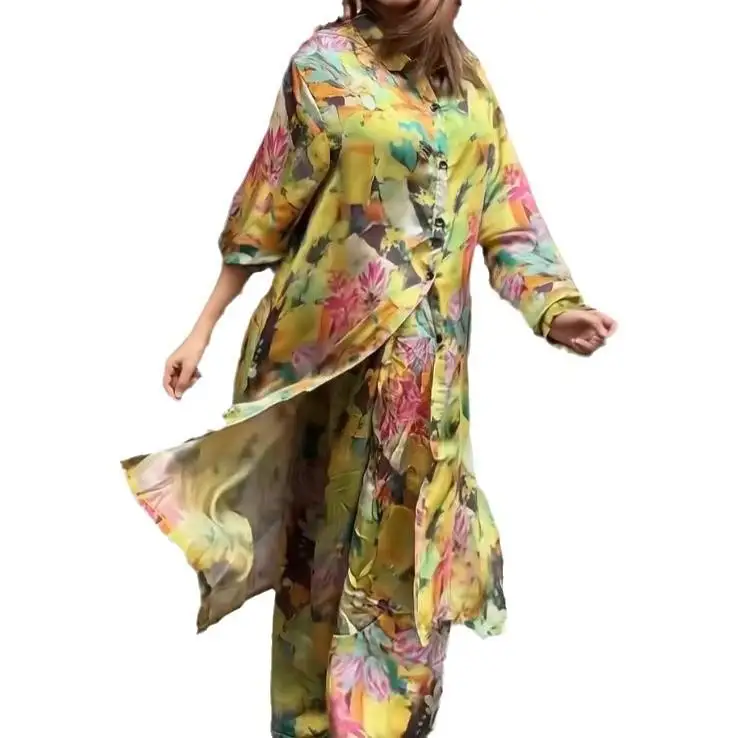 Women's Collar Printed irt Long Pants Tee-piece Set Autumn Faion Briti Sle Adult Workwear Student School orm