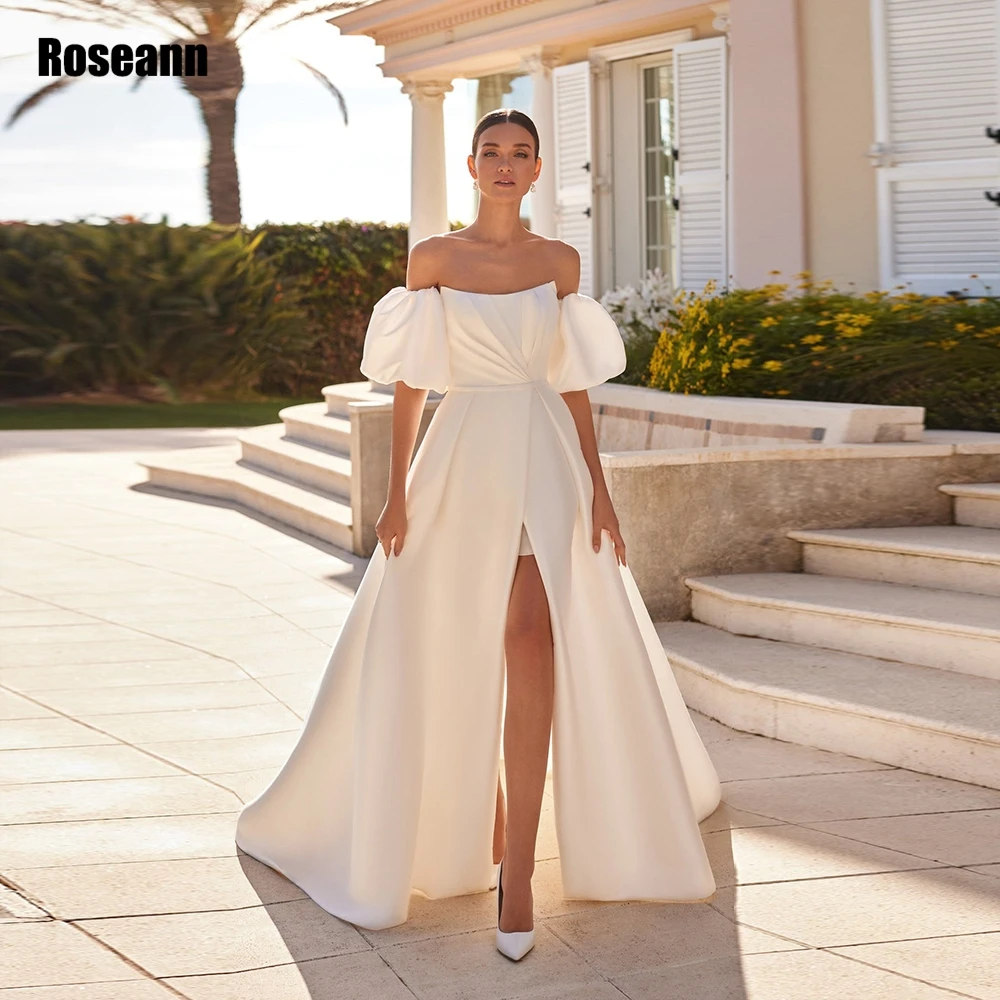 

Classic Wedding Dresses For Women High Side Slit Short Puff Sleeves Bridal Gowns Button Back Court Train A Line robe de mariée