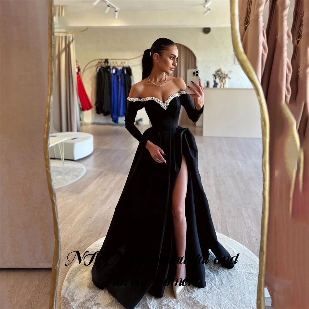 

RFYR Black A Line Prom Dress Pearls Full Sleeves Celebrity Dress Side Split Women's Evening Dress Formal Gown 프롬 드레스 Customized