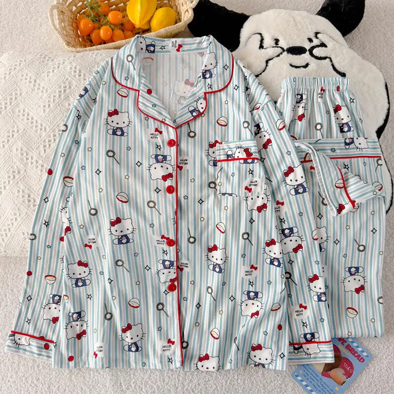 حار جديد أنيمي لطيف مرحبا كيتي المرأة بيجامة الكرتون صورة Kawaii الحلو نمط فتاة ملابس المنزل في سن المراهقة طويلة الأكمام بنطلون بيجامة