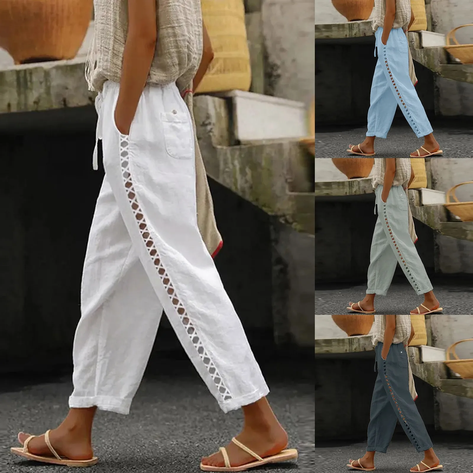 Fashion Women Casual Cotton Linen High Waist Pants Vintage Drawstring Side Hollow Lace Pants Wide Leg Trousers With Pockets