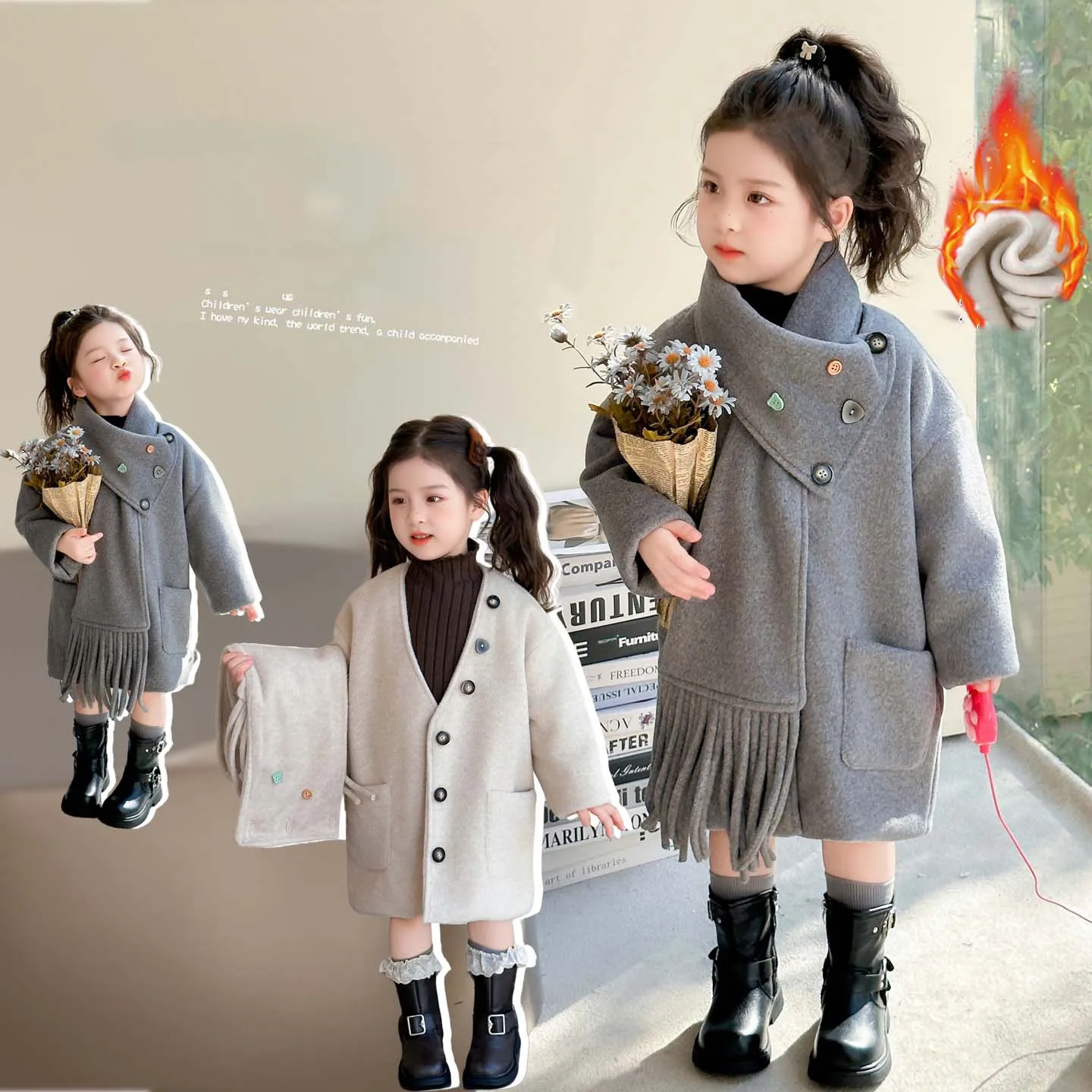 الشتاء الكورية الأطفال فتاة خندق معطف وشاح ملون زر طفل رضيع فتاة معطف رمادي الرضع بابيس الفتيات ملابس خارجية سترة