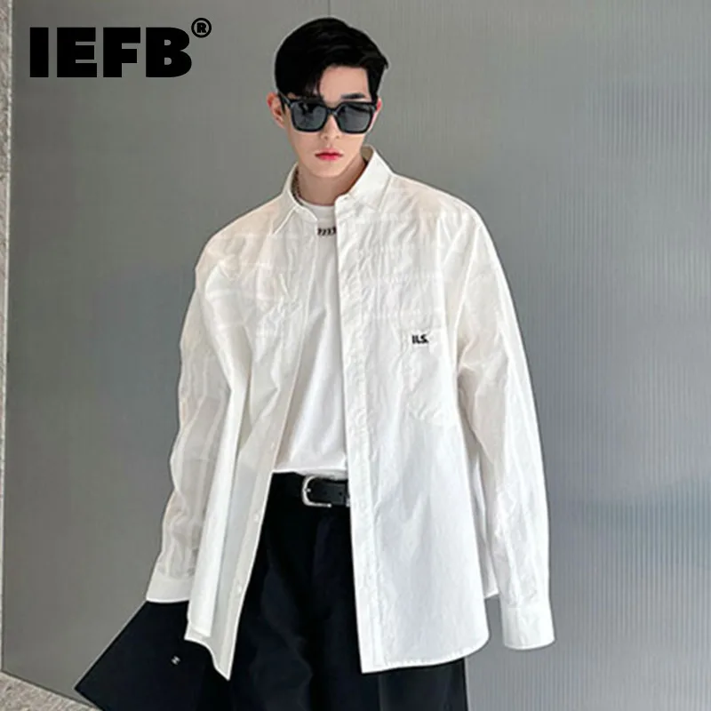 

IEFB Men Shirts Embroidery Splicing Deconstruction Threedimensional Turn-down Collar Versatile Long Sleeve Shirt Pocket Top 5672