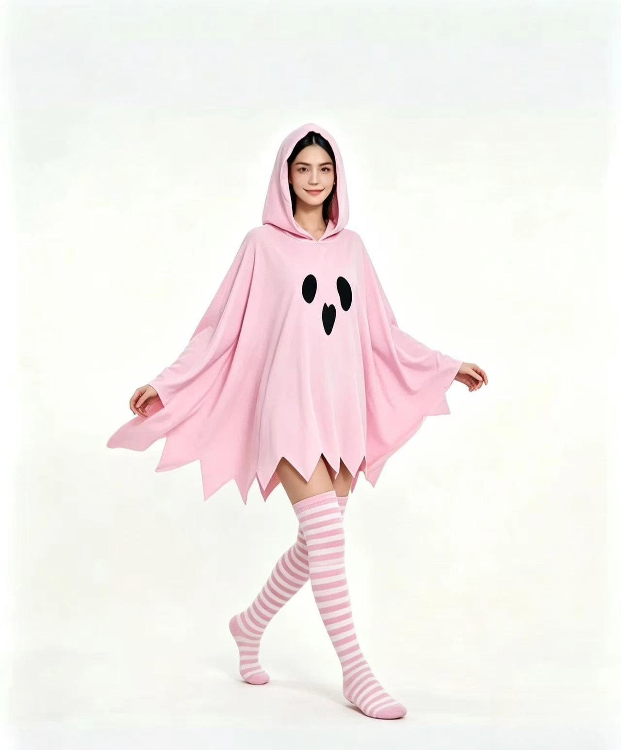 2 PCS Halloween Ghost Costume Set for Women Adult Poncho Ghost with Striped Socks Halloween Cosplay Props Trick or Treat Party