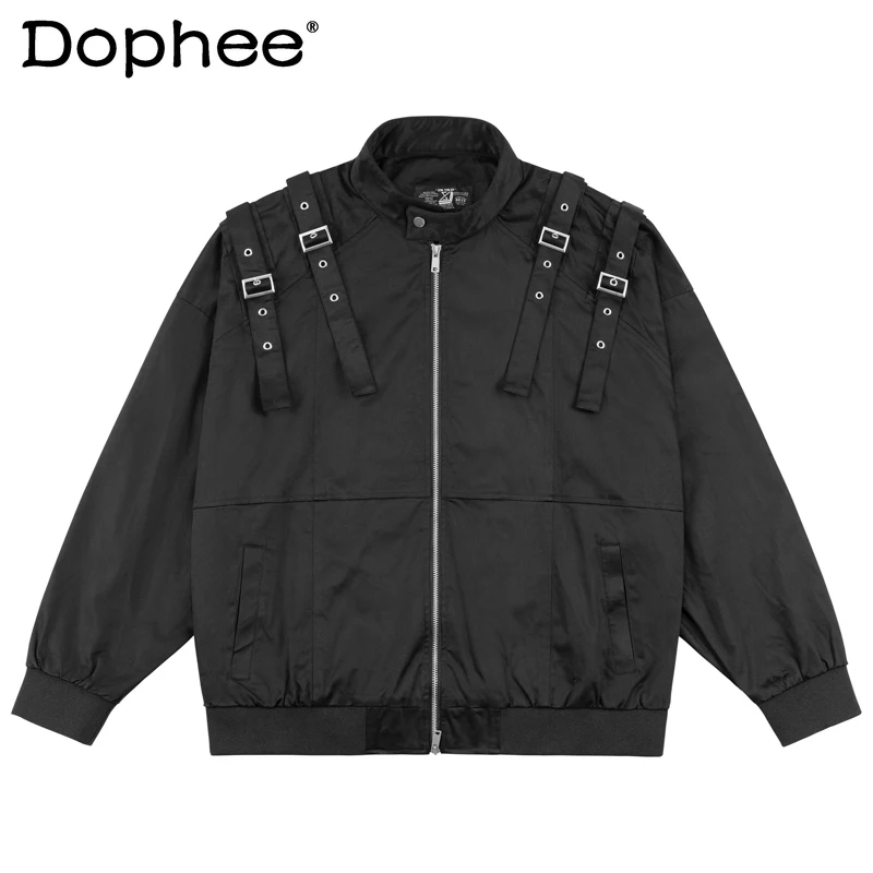 

American Style Double Shoulder Straps Loose Jackets Men Women 2024 Autumn Winter Trendy Design Stand Collar Zipper Casual Tops