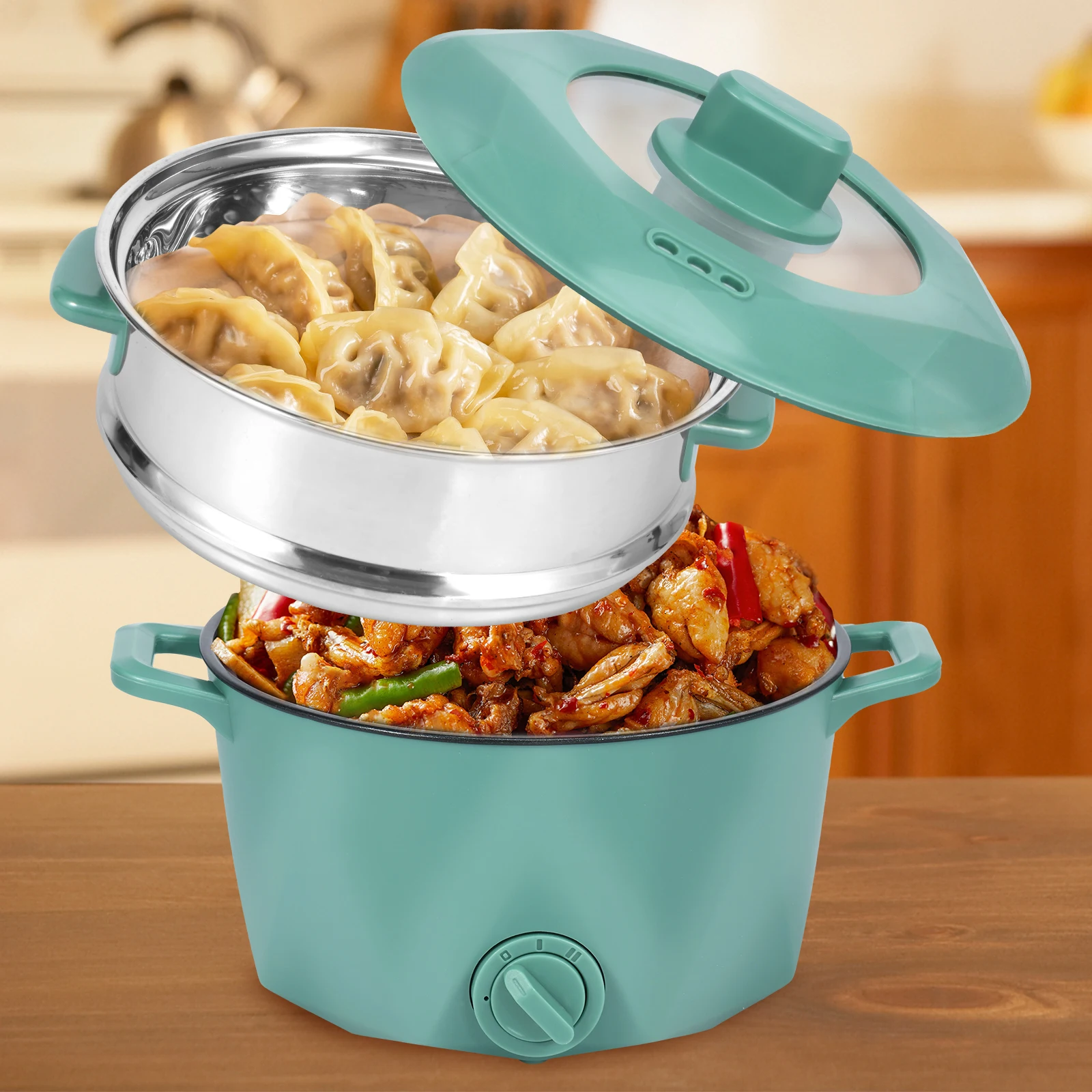 Electric Hot Pot with Stainless Steel Steamer 2L Portable Electric Cooker 2 Gear Rapid Noodles Cooker Non-Stick Electric Pot