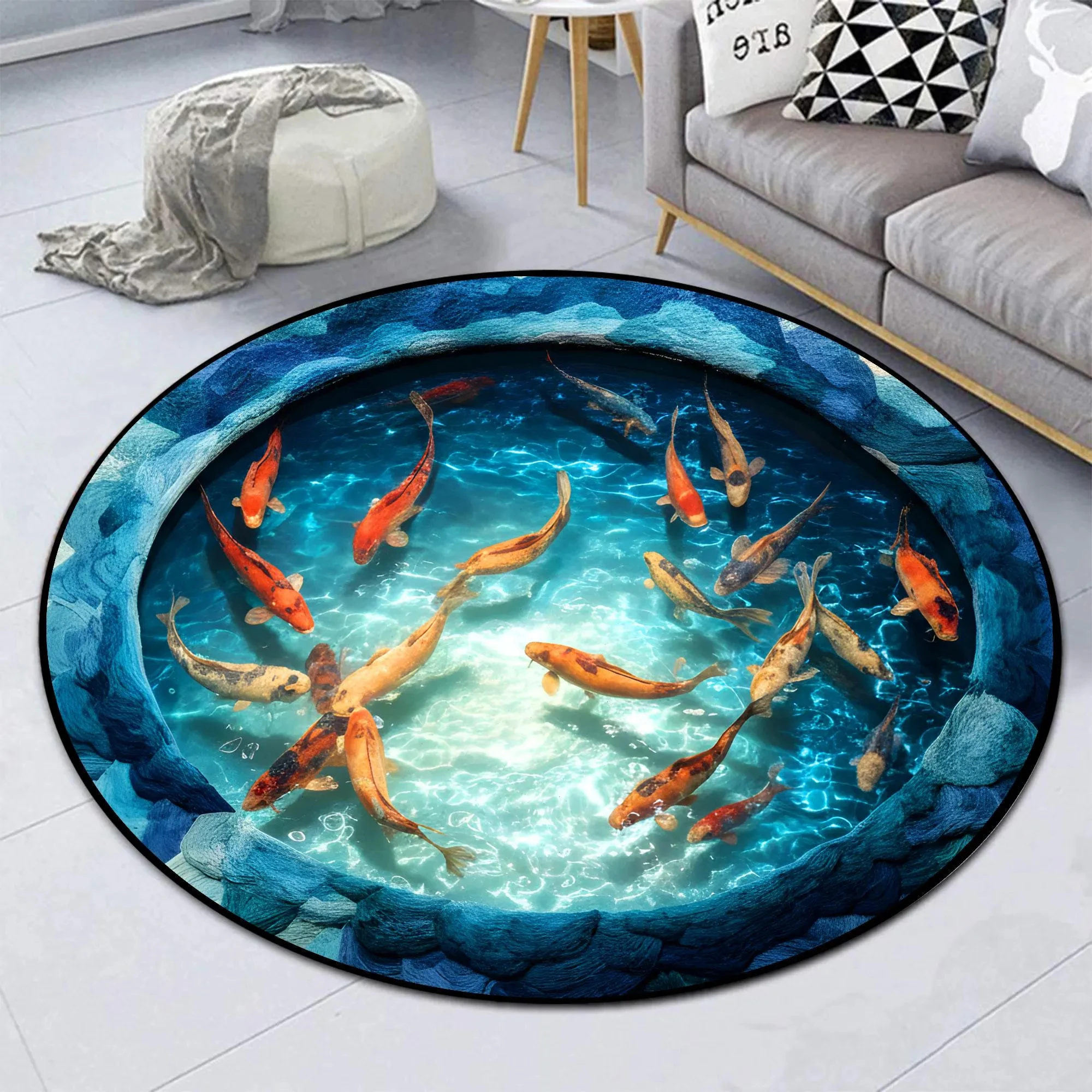 1 Stück Fisch 3D-Illusionseffekt-Muster, runder Teppich, rutschfeste Bodenmatte für Wohnzimmer, Schlafzimmer, Badezimmer, Ferienhaus-Dekoration