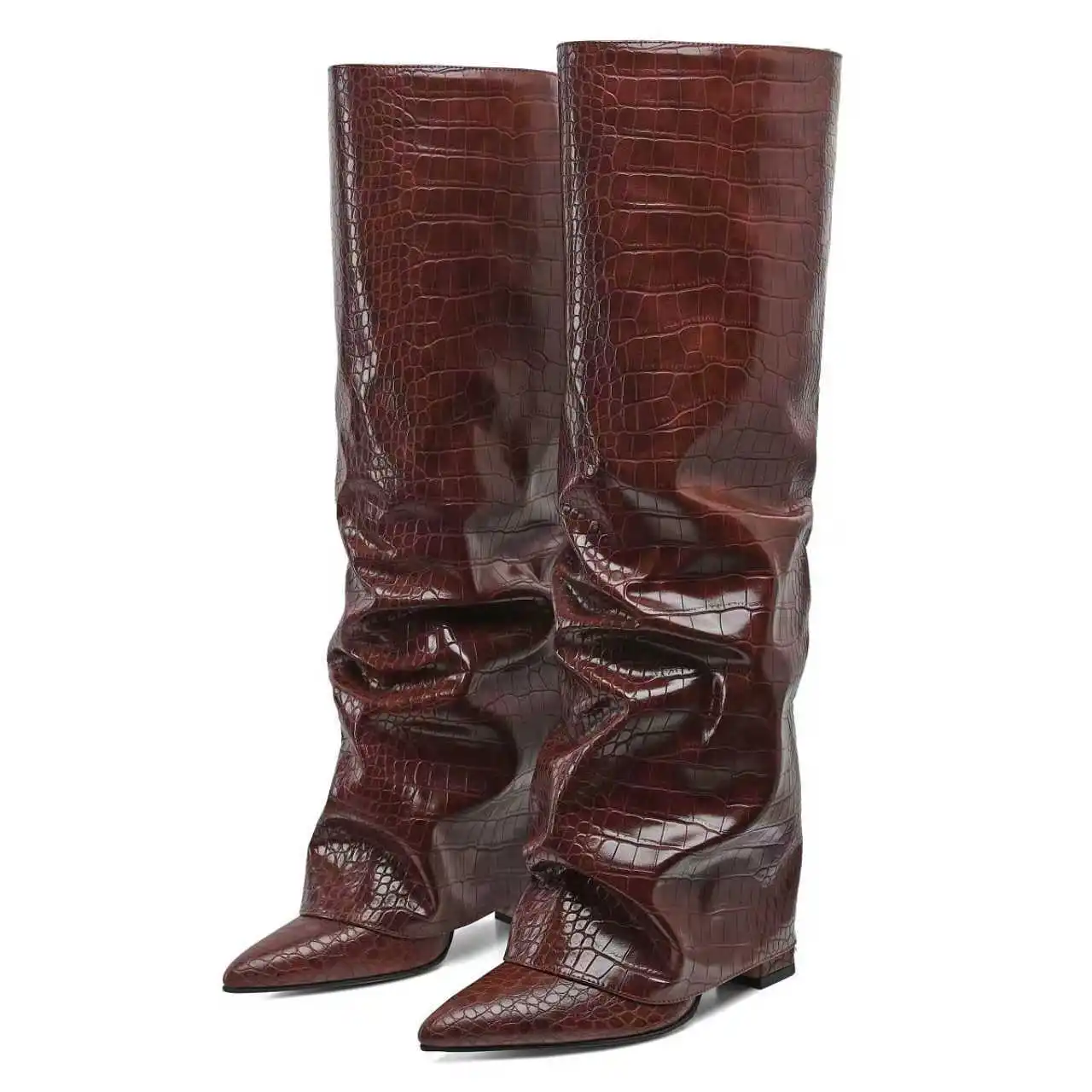 

Women's Brown Crocodile Embossed Leather Slouch Knee High Boots Fashionable Pointed Toe Boots with Slouchy Edgy Stylish Footwear