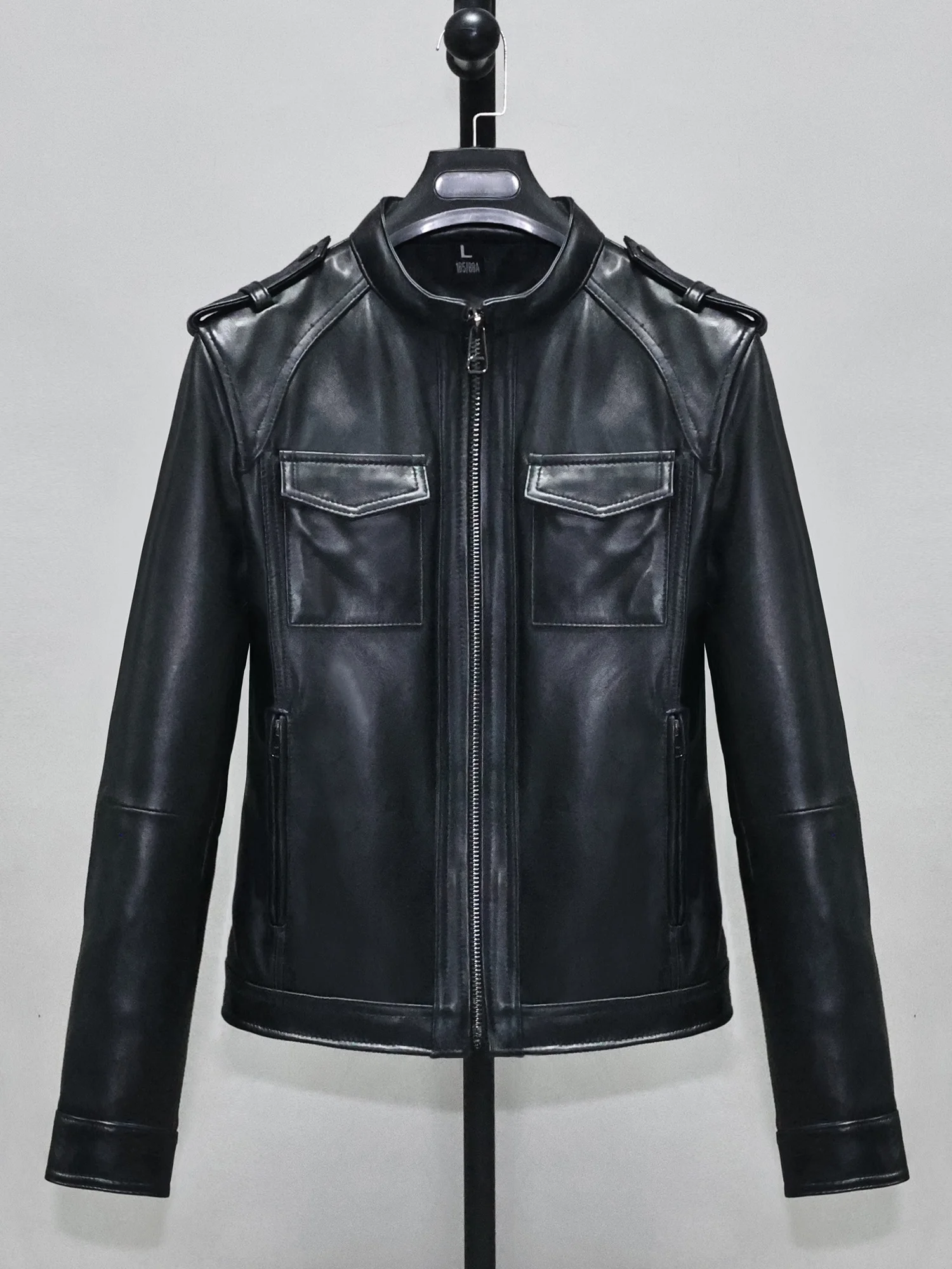 Damska kurtka skórzana Slim Fit, krótka, z prawdziwej skóry owczej, z wysokim kołnierzem, robocza kurtka, młodzieżowa, zapinana na zamek.