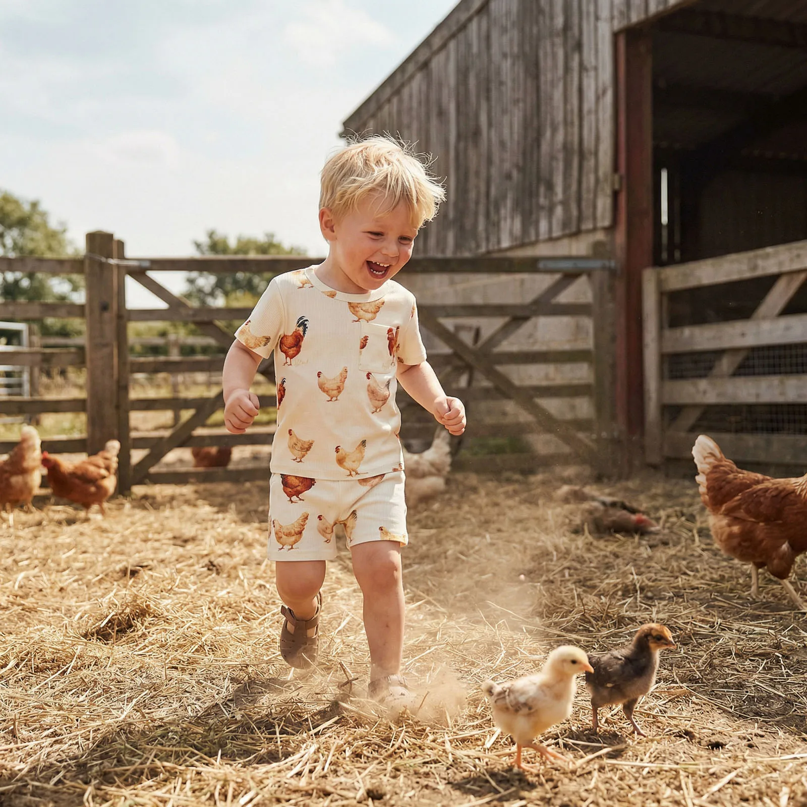 Summer Toddler Baby Boys Outfits Farm Chick Print Short Sleeves T-Shirt Elastic Shorts Set Clothes