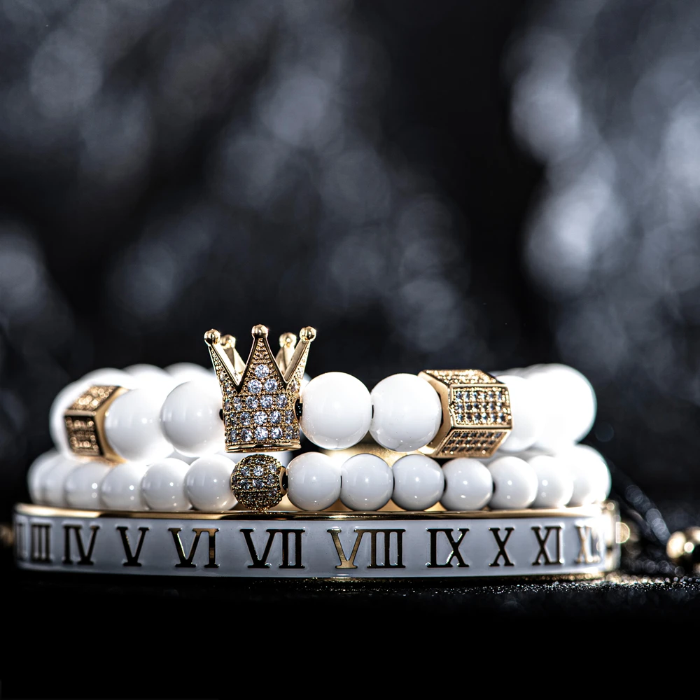 Luxury Charm CZ Crystal Crown Gold Color Bracelet Men White Enamel Roman Number Stainless Steel Bangles Europe Fashion Jewelry