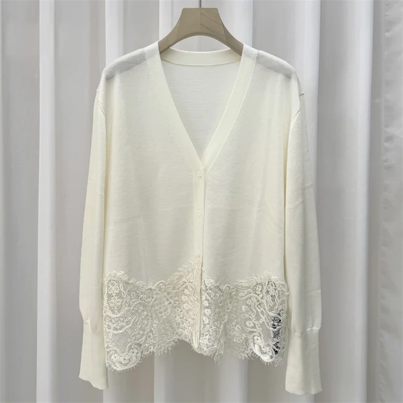 

Cardigan for women Spring 2026 new stretch knitted women's long sleeved top Lace patchwork women's sweater wool blend Knitwear