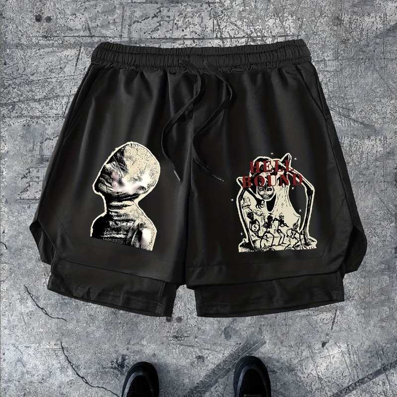 

Мужские спортивные шорты для бега с забавным креативным принтом и двусторонним принтом, спортивные тренировочные шорты с буквенным принтом