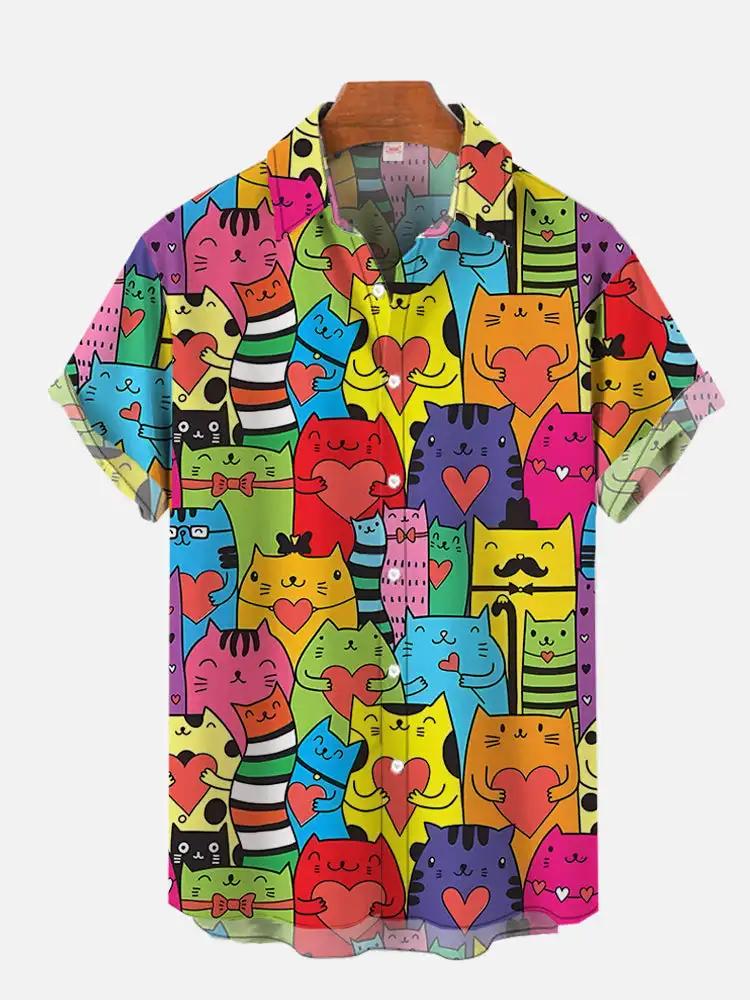 Chemise hawaïenne à manches courtes imprimée chat mignon pour hommes, chemises décontractées, mode classique, impression 3D, Harajuku, 03/Wear