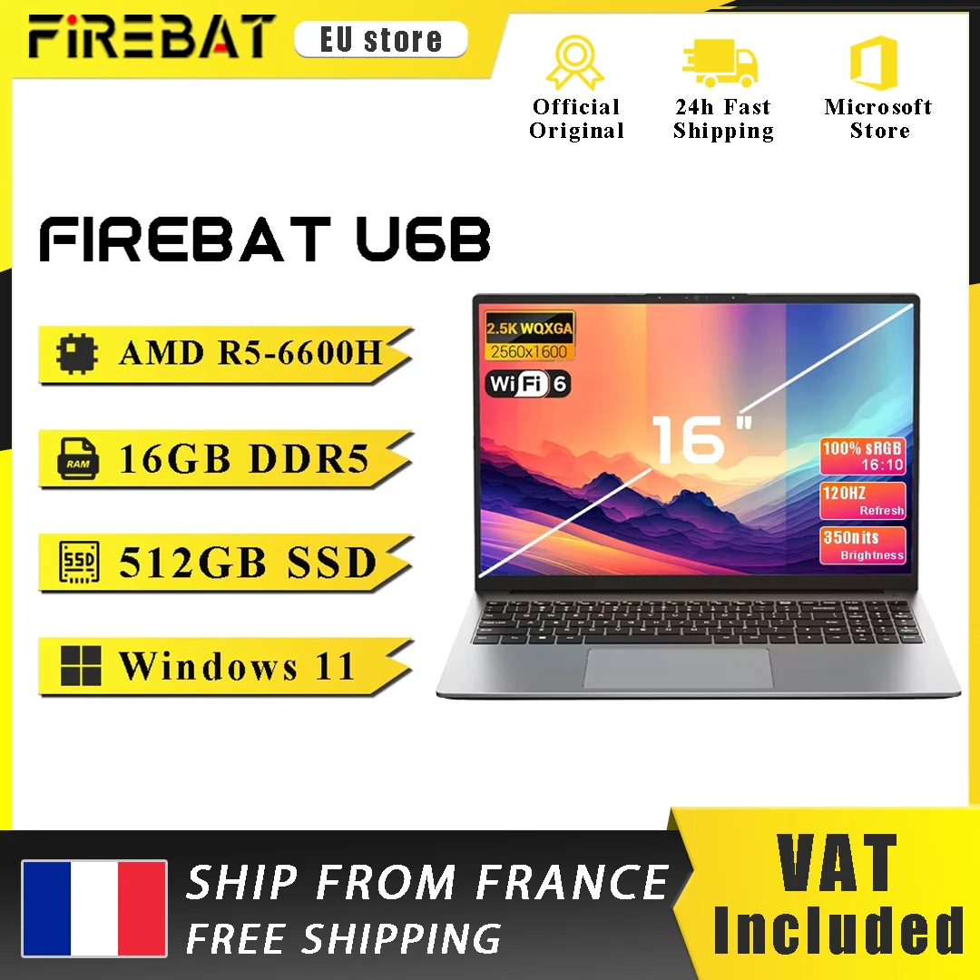 Laptop Firebat U6B AMD R5 6600H DDR5 16GB 512GB SSD 16 cali 2.5K 120Hz IPS Windows 11 Type-C WIFI6 Klawiatura pełnowymiarowa