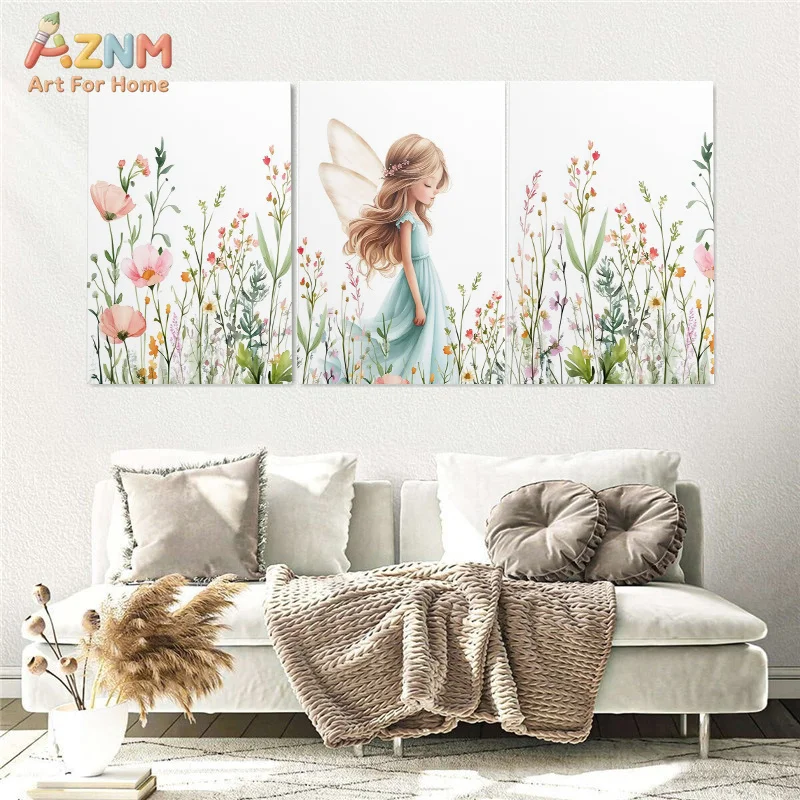 3PCS Watercolor Fairy Girl with Wildflowers Canvas Wall Art Set Soft Pastel Floral Prints Posters Whimsical Princess Theme Aesth
