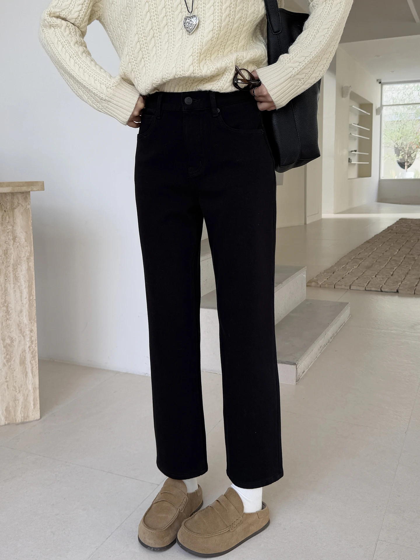 

Женские джинсы с высокой талией, прямые, из денима, на флисовой подкладке, с четырехсторонним стрейчем, для осени и зимы, модель «Французский хлеб»