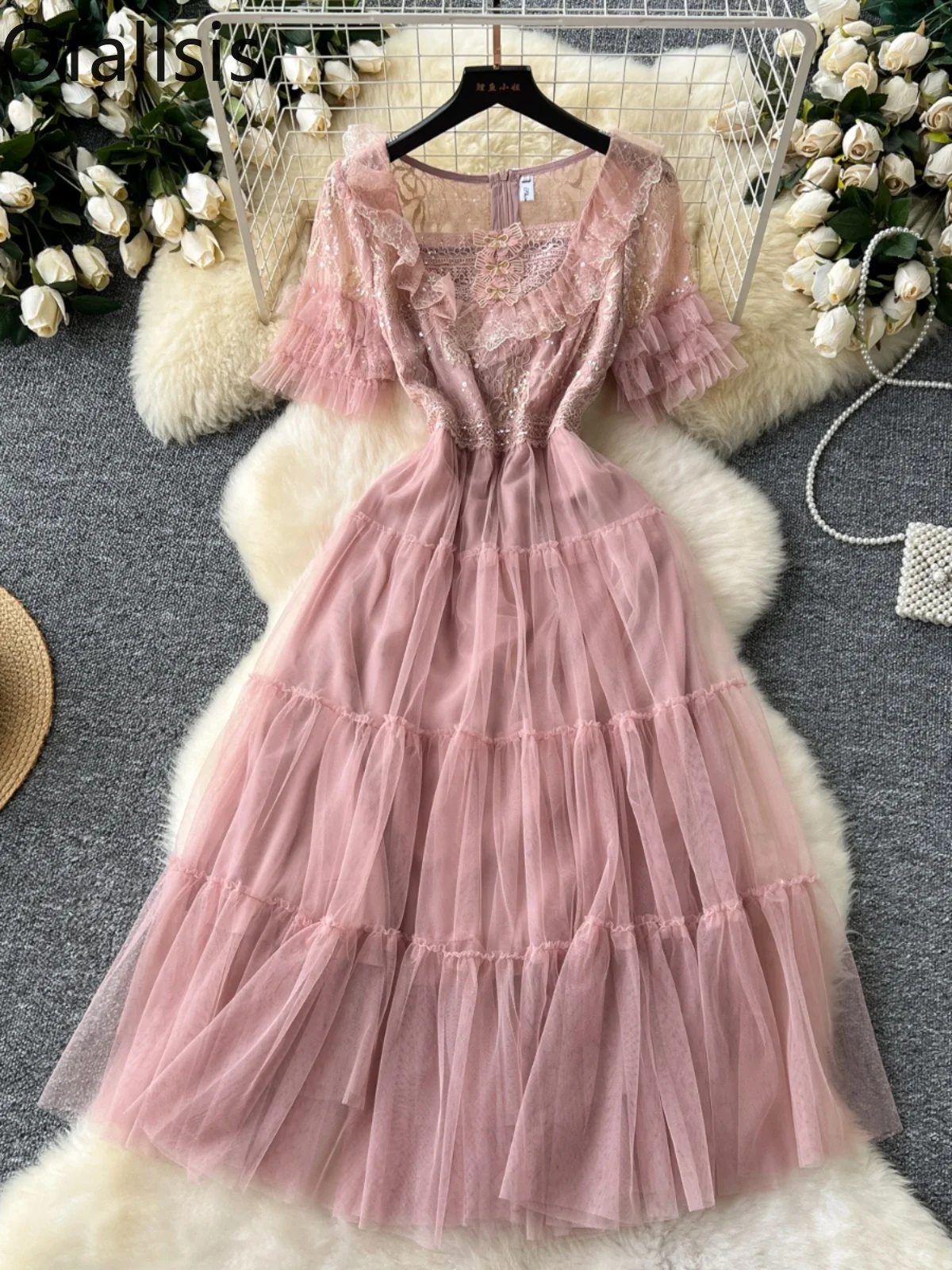 Ofallsis French Style Retro Socialite Sequin Embroidered Mesh Patchwork Fluffy Formal Dress 2024 Summer New Sweet Fairy Dresses