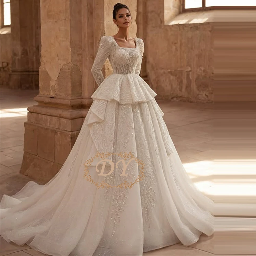 

Винтажное свадебное платье DY А-силуэта для женщин, с вырезом-лодочкой, длинными рукавами, пайетками, жемчугом и шлейфом, на заказ