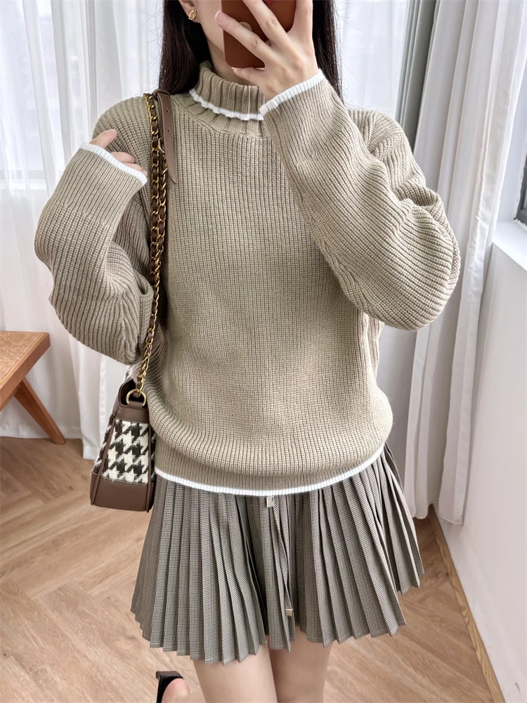 High Neck Knitted Sweater Loose White Trimmed Top for Women, Fashionable and Simple,S Home 25 Early Spring New Item Y2k Clothes