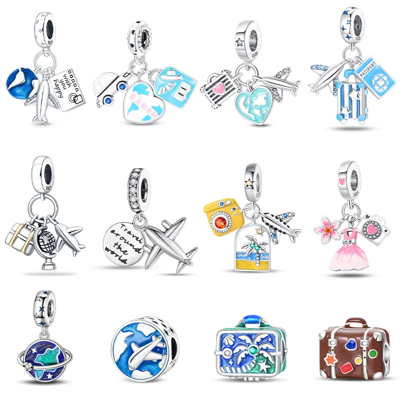 925 Sterling Silver Airplane Travel Case Global Travel Series Charms Beads Fit Pandora Original Bracelets DIY Souvenir Jewelry