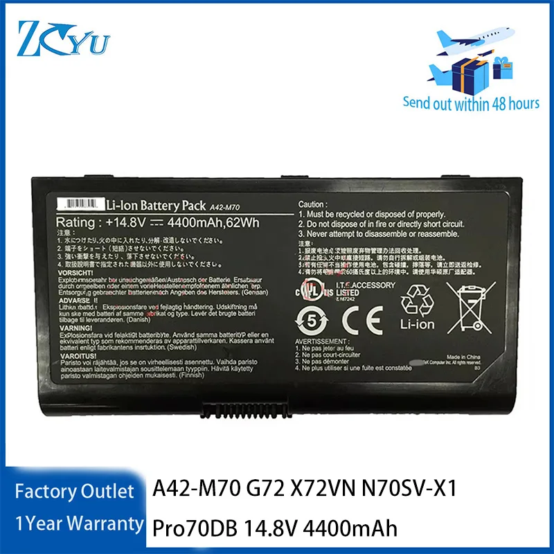 A42-M70 Laptop Battery for Asus M70 M70SA M70SR N70SV G72 X72VN N70SV-X1 Pro70DB 14.8V 4400mAh