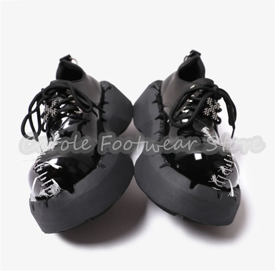 Male Chunky Bottom Heigh Increasing Shoes Gothic Stitch Platform Lace-Up Derby Shoes Black Patent Leather Streetwear Oxfords view 2