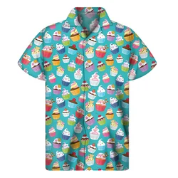 Cartoon Cupcake Graphic Hawaiian Shirts For Men 3D Print Food Lapel Shirt Summer Street Loose Tees Button Short Sleeves Blouse