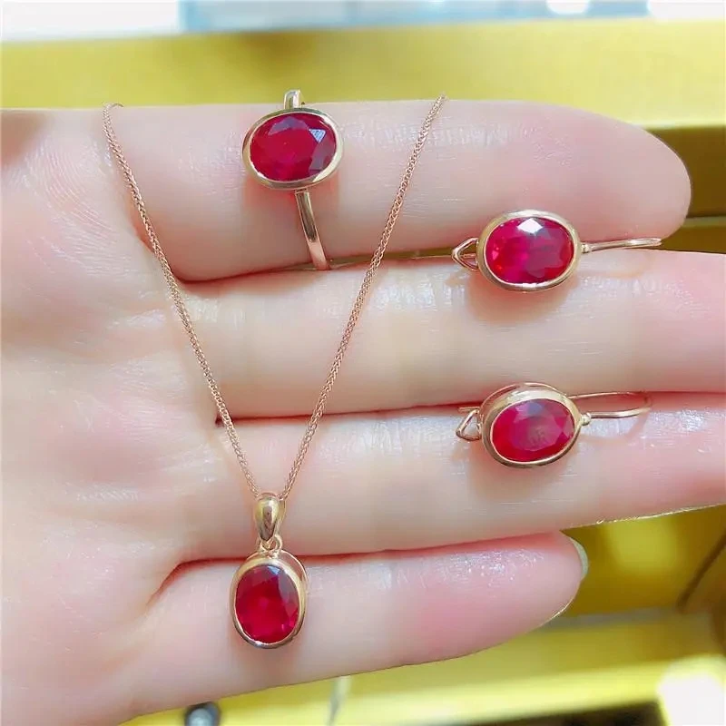 585 Purple Gold Simple Ruby Ladies Jewelry Set 14K Rose Gold Inlaid Oval Ring Earring Necklace Classic Glamour Party Jewelry