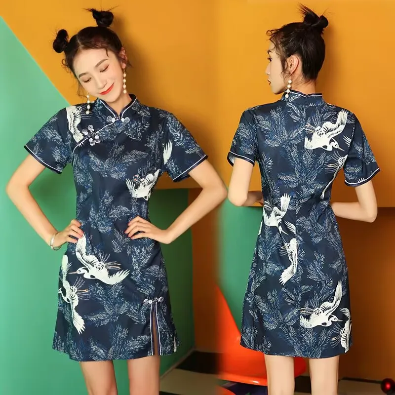 

Women's Chinese Style Cheongsam, Female Crane Print, Retro Dress Short Sleeve Shirt, Lovers Outfit, Summer, New, 2024