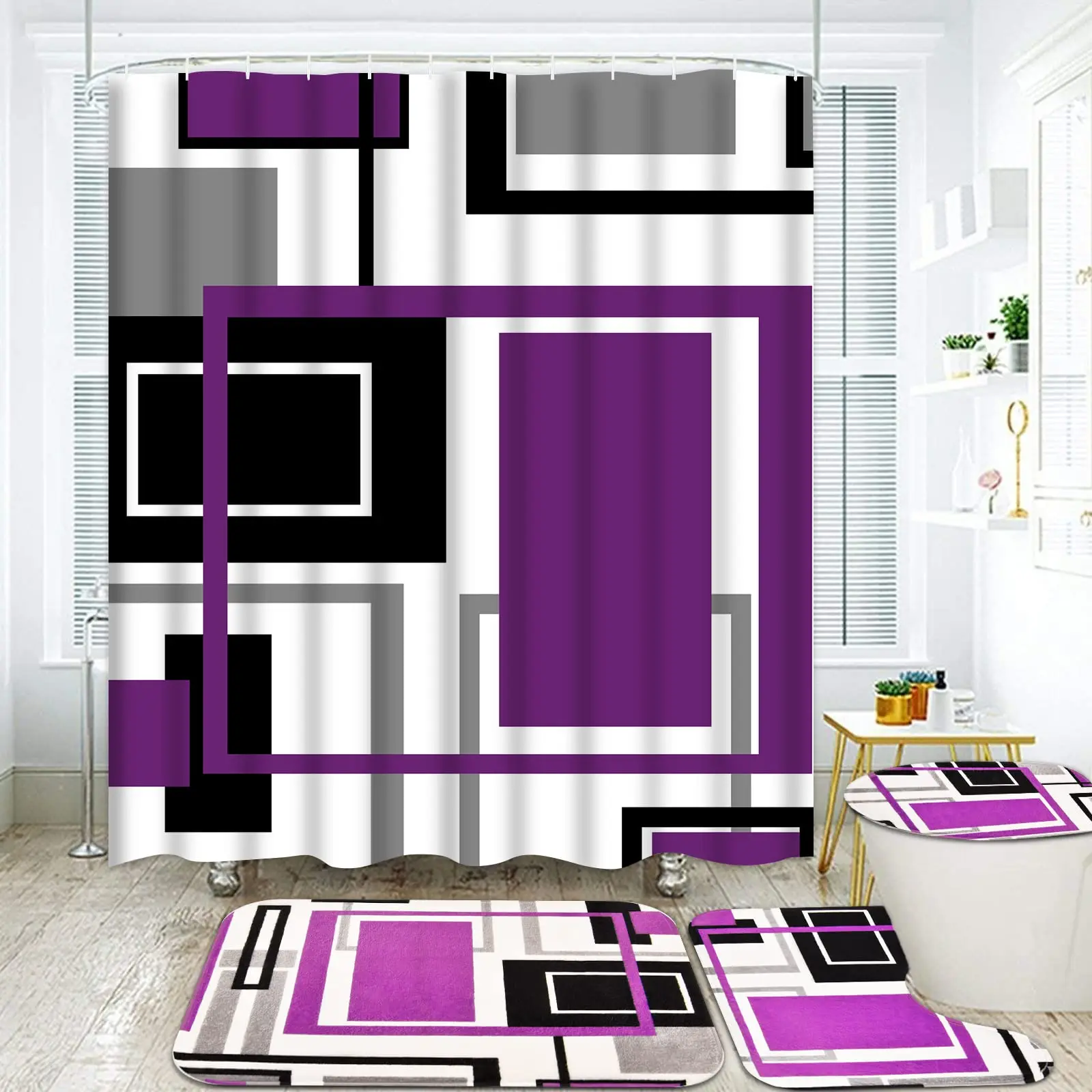 

Geometric Blue Shower Curtain Set Non-Slip Rug Toilet Lid Cover Bath Mat Black Gray Bathroom Decor Set Waterproof Shower Curtain